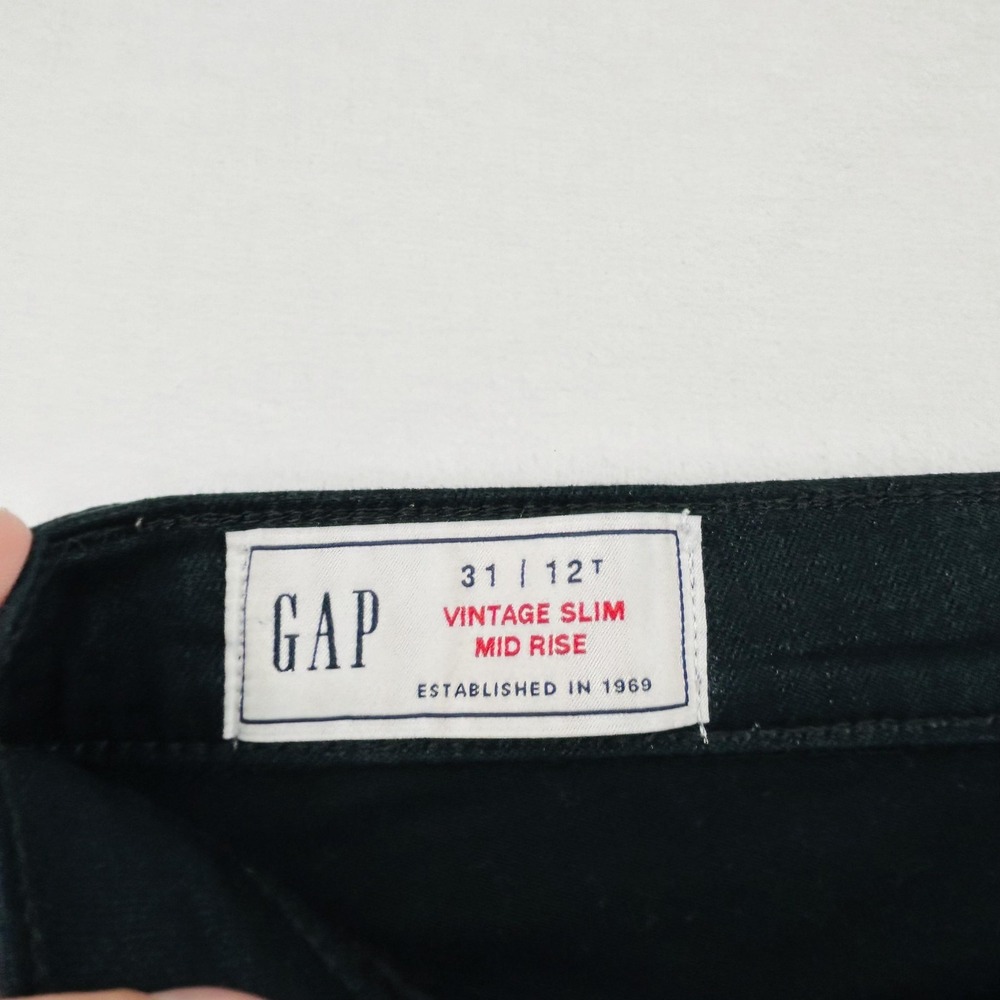GAP Jeans Womens 12 Tall Black Vintage Slim Mid Rise Coated Denim Stretch Shiny - Picture 3 of 16